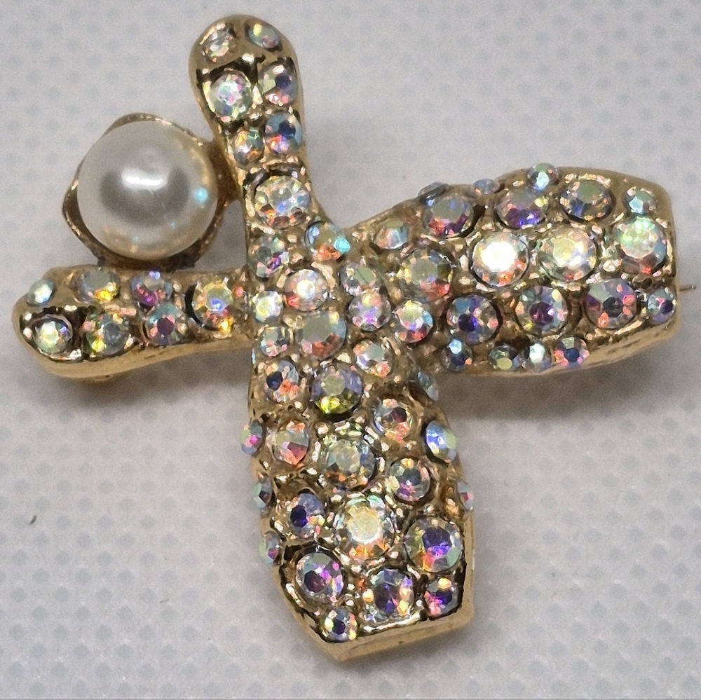VINTAGE Bowling Pins and Ball Brooch Aurora Borealis Rhinestones and Faux Pearl